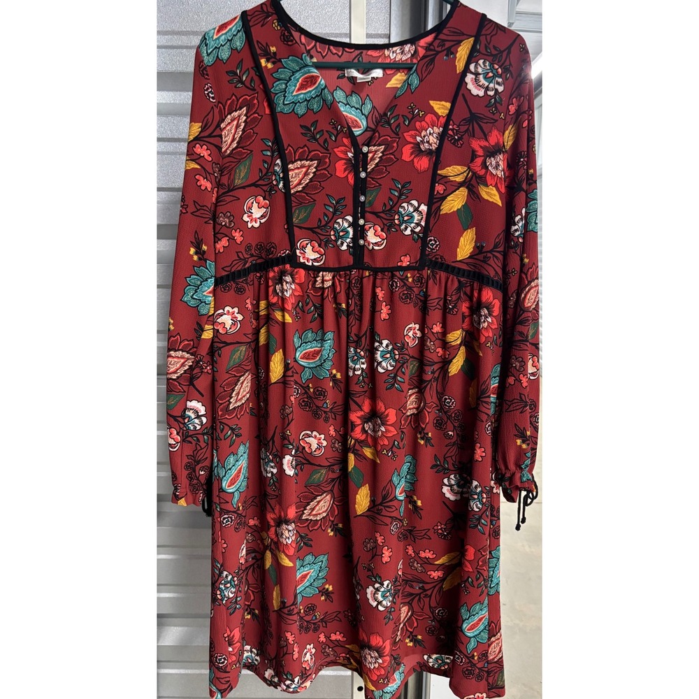John Paul Richard Floral Mini Dress Burgundy Red Teal Medium